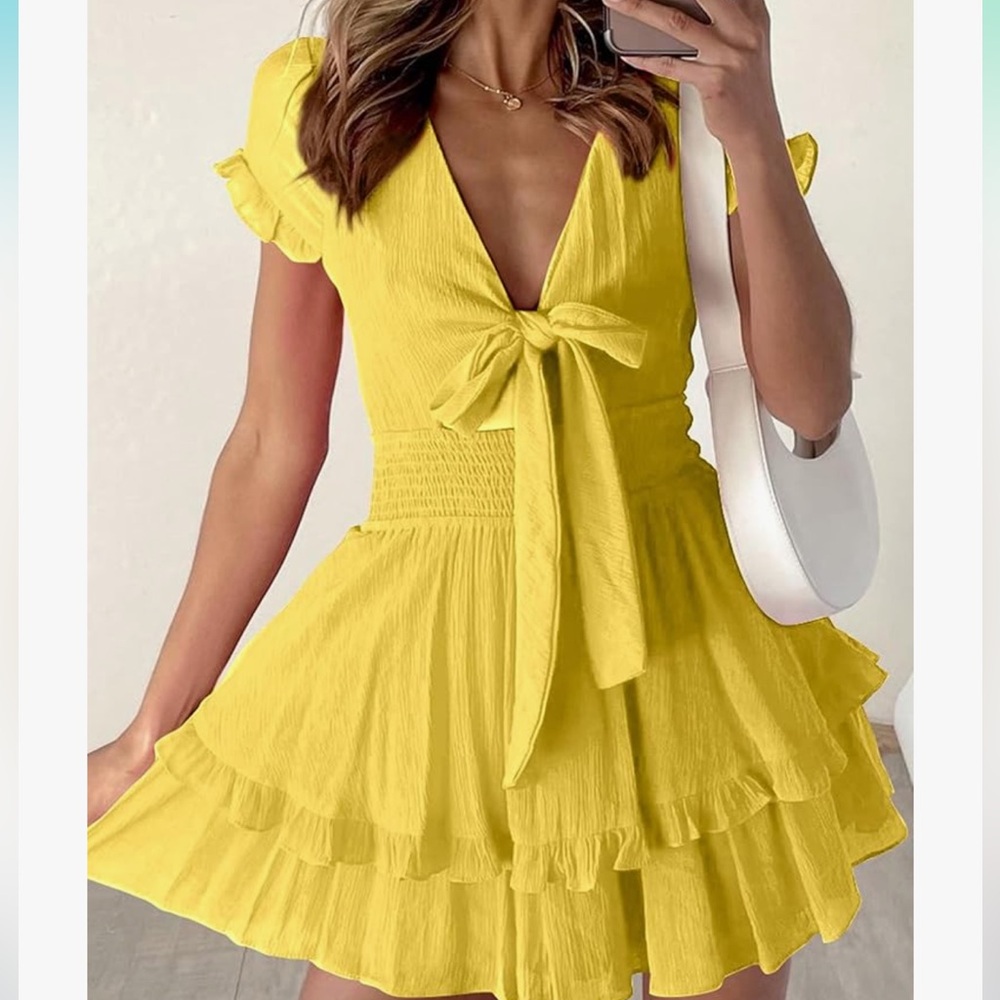 Yellow Flutter Sleeve Tie-Front Mini Dress - Picture 4 of 8
